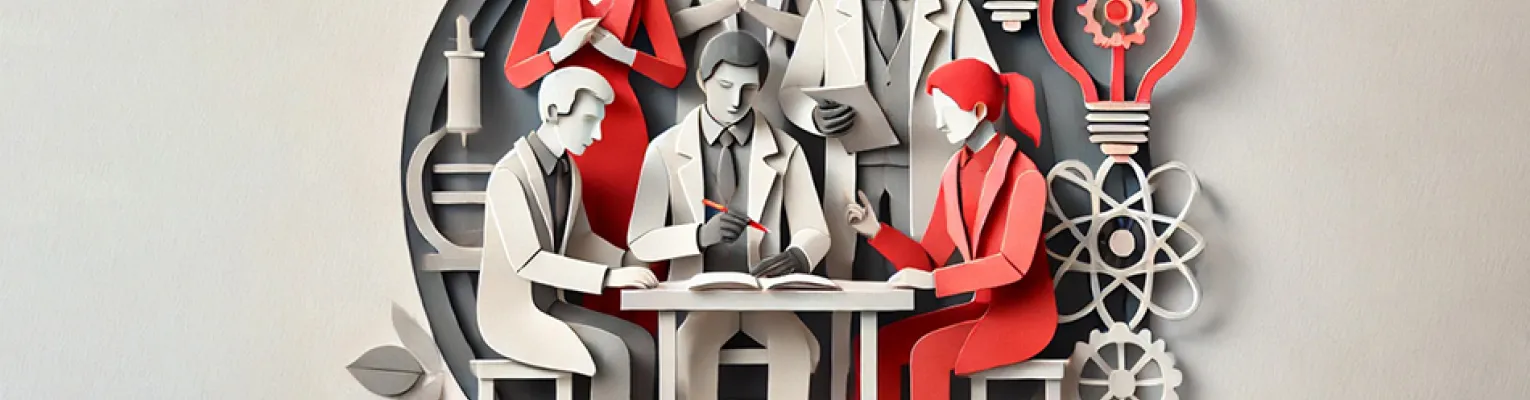 multiple collaborators around a table in a paper cut minimalist art style