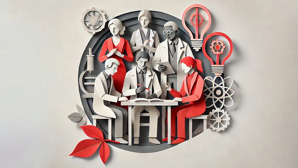 multiple collaborators around a table in a paper cut minimalist art style