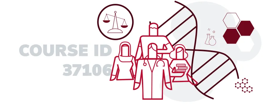 Course ID 37106 with graphics of people, law scales, dna, molecules and beakers