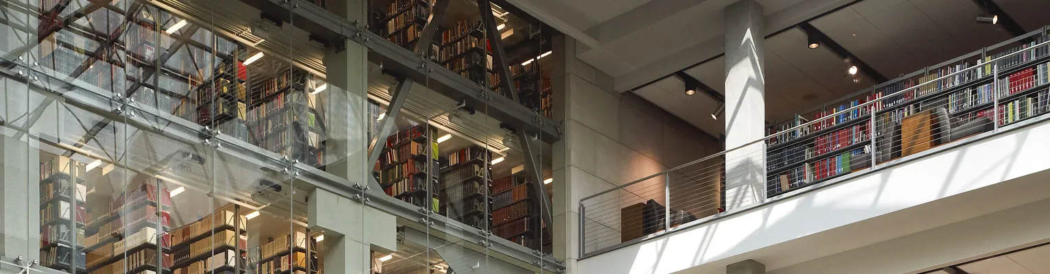 library books on the shelves behind glass and a balcony of books