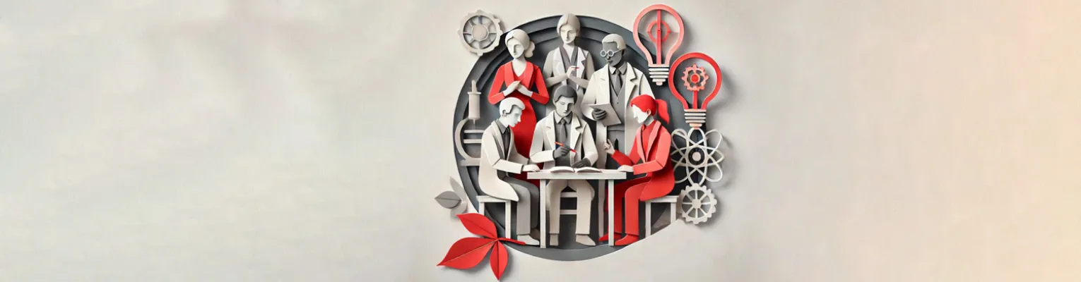 People around a table in a paper cut style with grays and vibrant reds