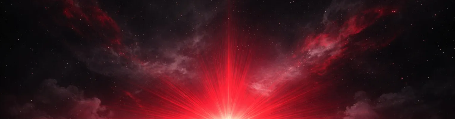 burst of red light over a planetary horizon with outer space in the background
