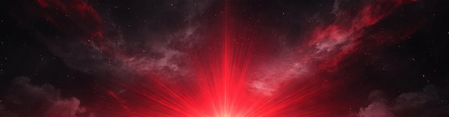 burst of red light over a planetary horizon with outer space in the background