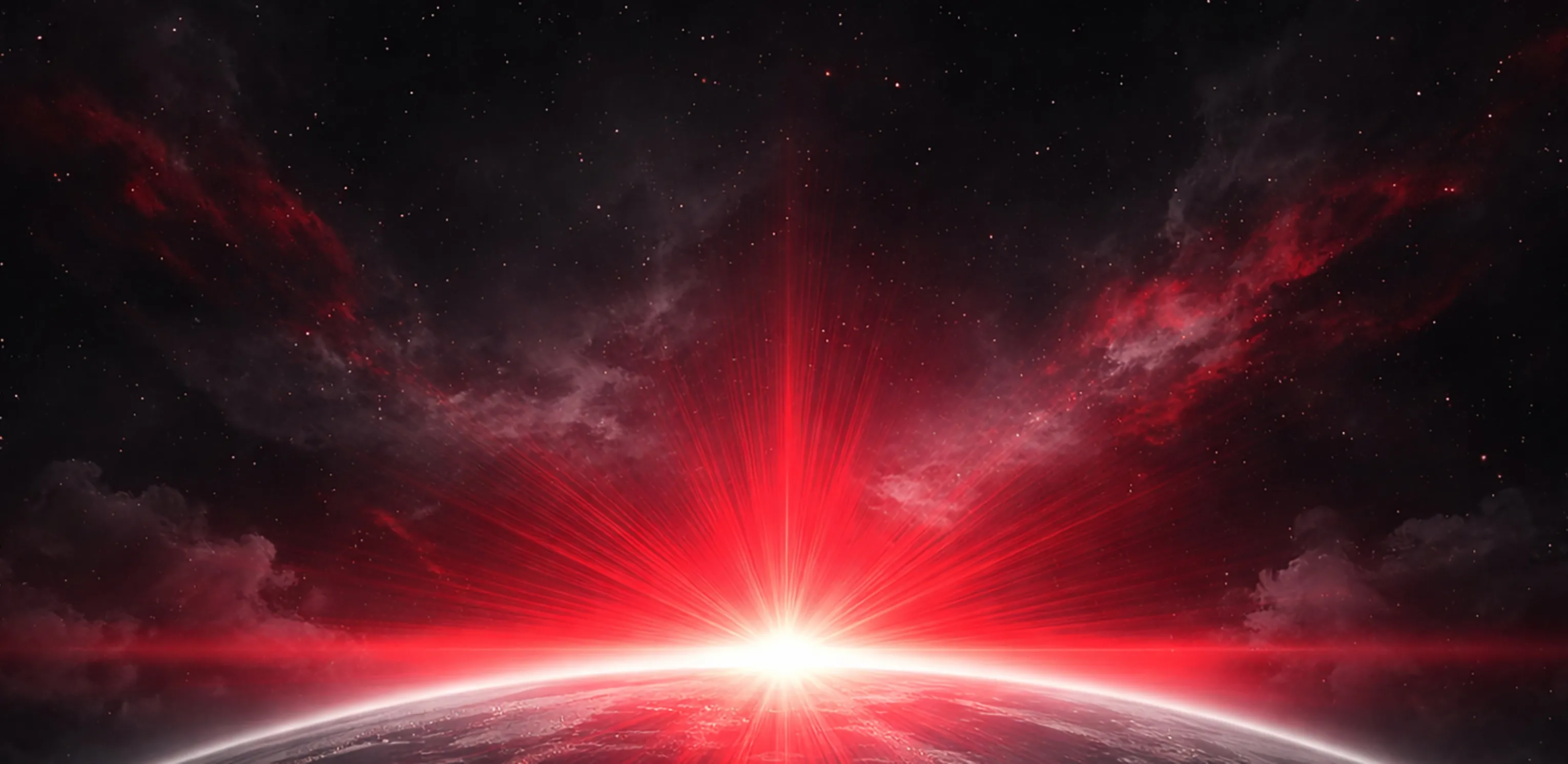 burst of red light over a planetary horizon with outer space in the background
