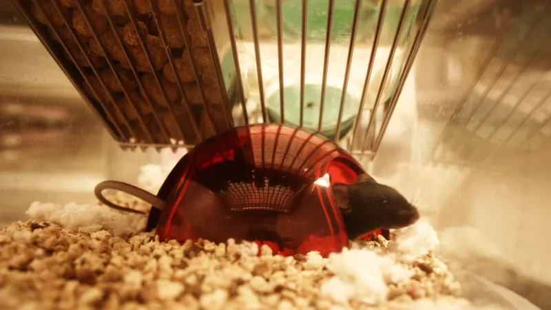 Mouse sitting in wood chip bedding