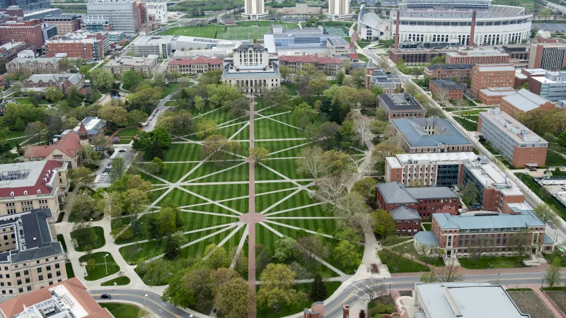 Aerial photo of the oval and surrounding campus buildings