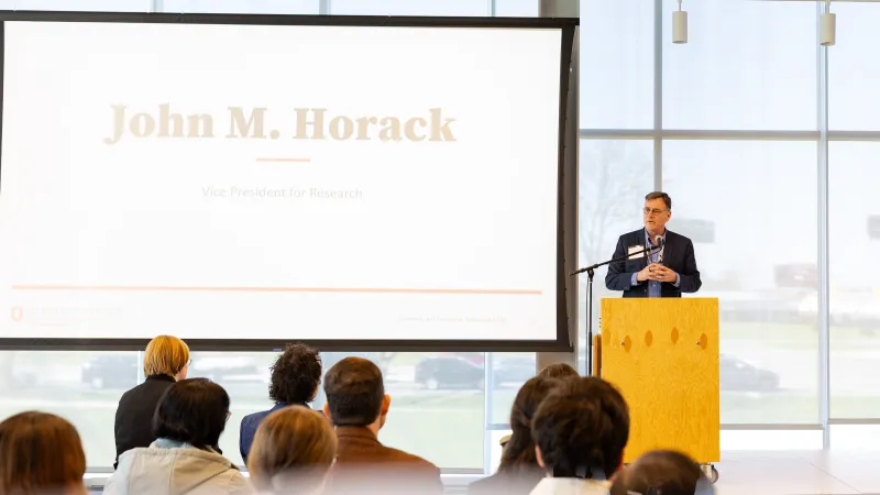 John Horack speaks to a crowd