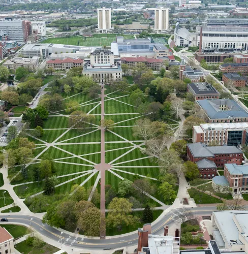 Aerial photo of the oval and surrounding campus buildings