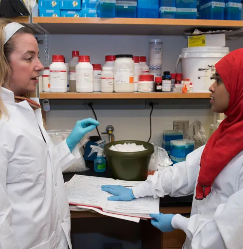 Two researchers in the lab speaking