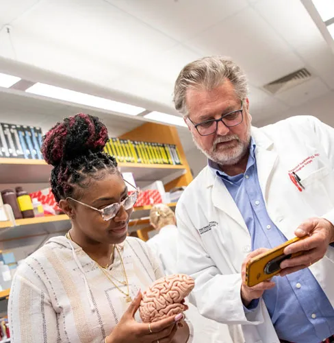 Researcher and student inspecting a brain