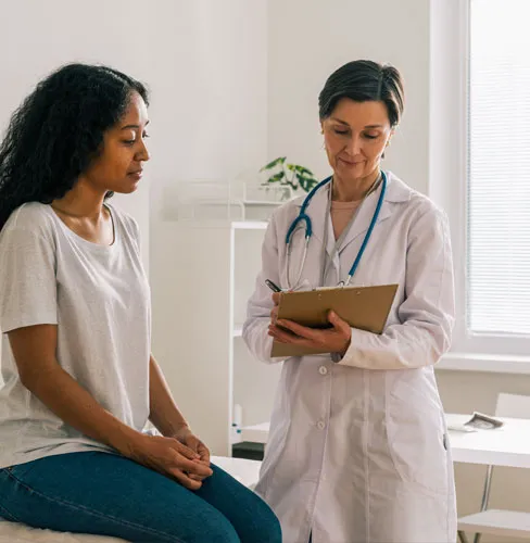 African-American female listening carefully to advice and recommendations of doctor. Healthcare consultation and examination in medical clinic office. Prescribing medications and treatment