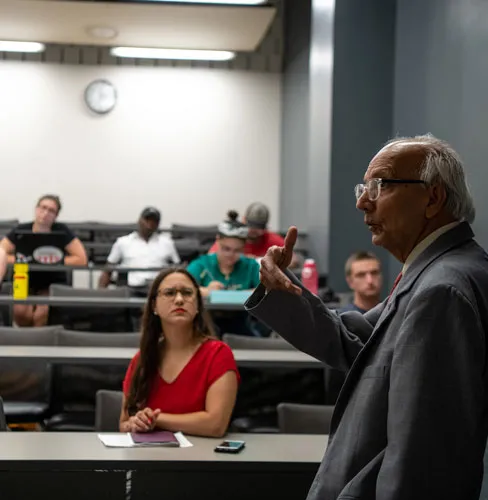 Dr. Rattan Lal, soil scientist, speaking to class